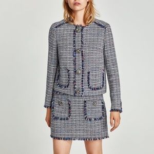 Zara Blue Tweed Rhinestone Embellished Jacket Sz S